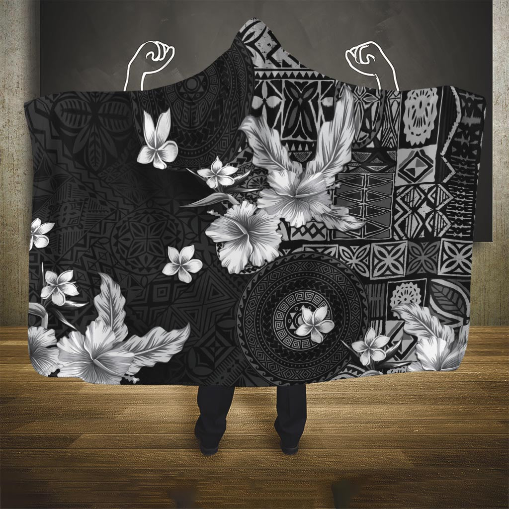 Hawaii Tapa Pattern With Black Hibiscus Hooded Blanket LT05 One Size Black - Polynesian Pride
