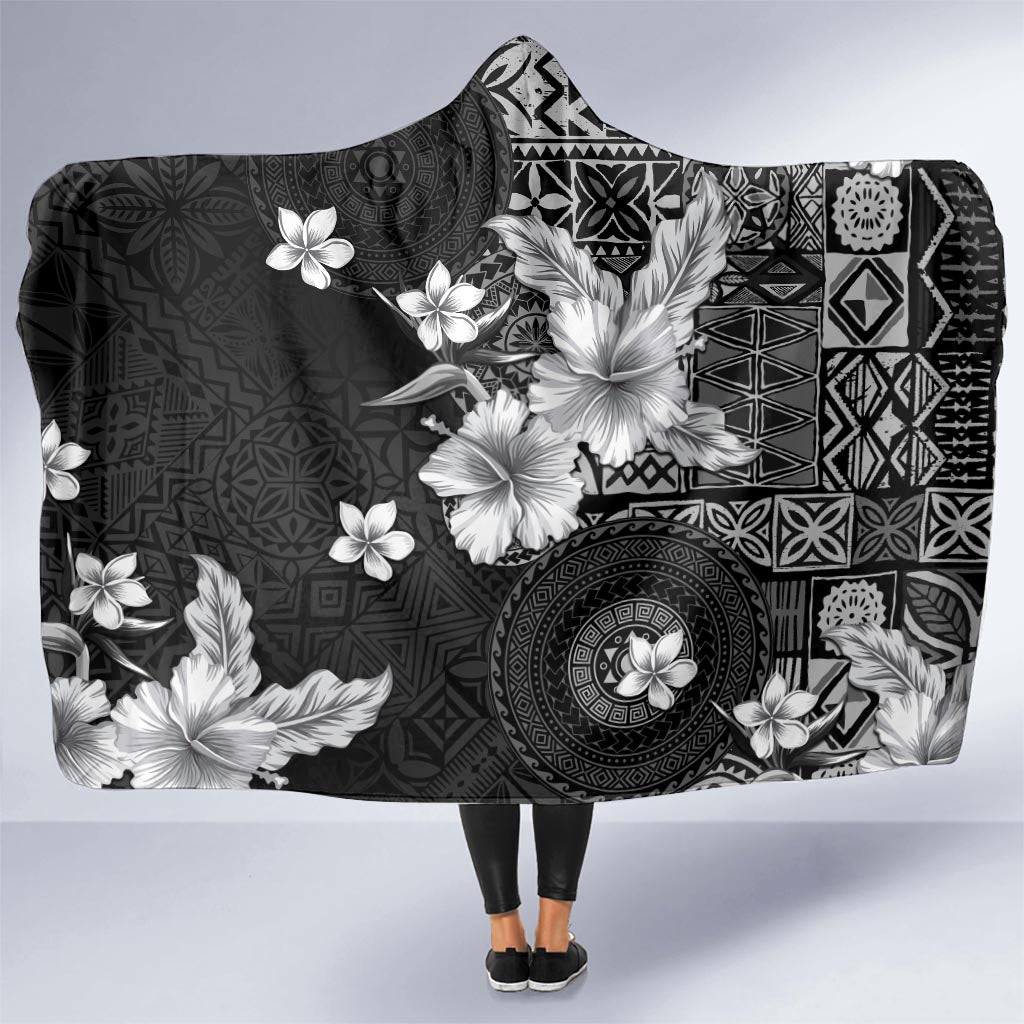 Hawaii Tapa Pattern With Black Hibiscus Hooded Blanket LT05 - Polynesian Pride