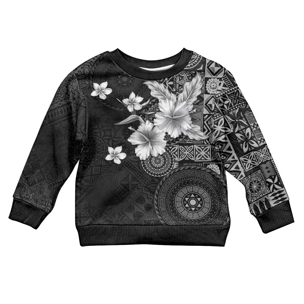 Hawaii Tapa Pattern With Black Hibiscus Kid Ugly Christmas Sweater LT05 Kid Black - Polynesian Pride