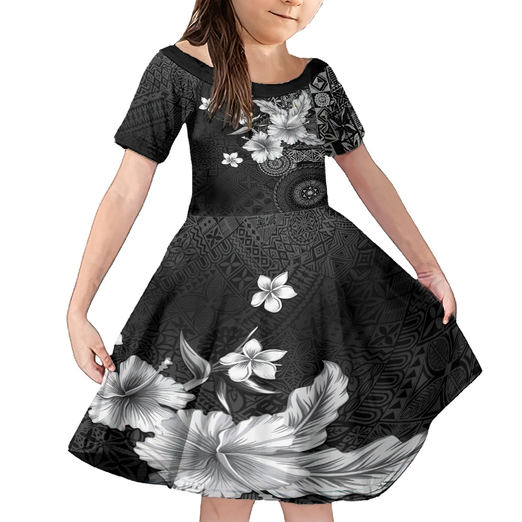 Hawaii Tapa Pattern With Black Hibiscus Kid Short Sleeve Dress LT05 KID Black - Polynesian Pride