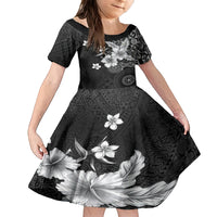 Hawaii Tapa Pattern With Black Hibiscus Kid Short Sleeve Dress LT05 KID Black - Polynesian Pride