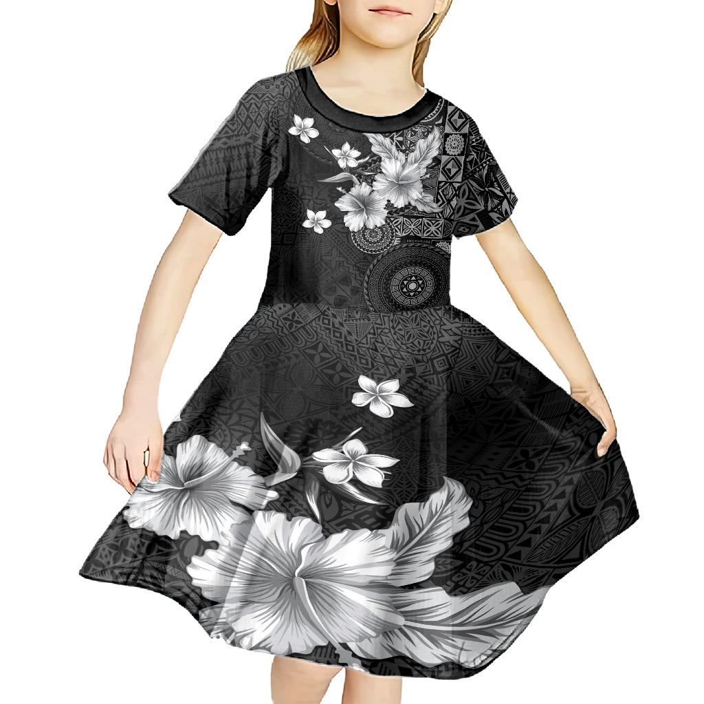 Hawaii Tapa Pattern With Black Hibiscus Kid Short Sleeve Dress LT05 - Polynesian Pride