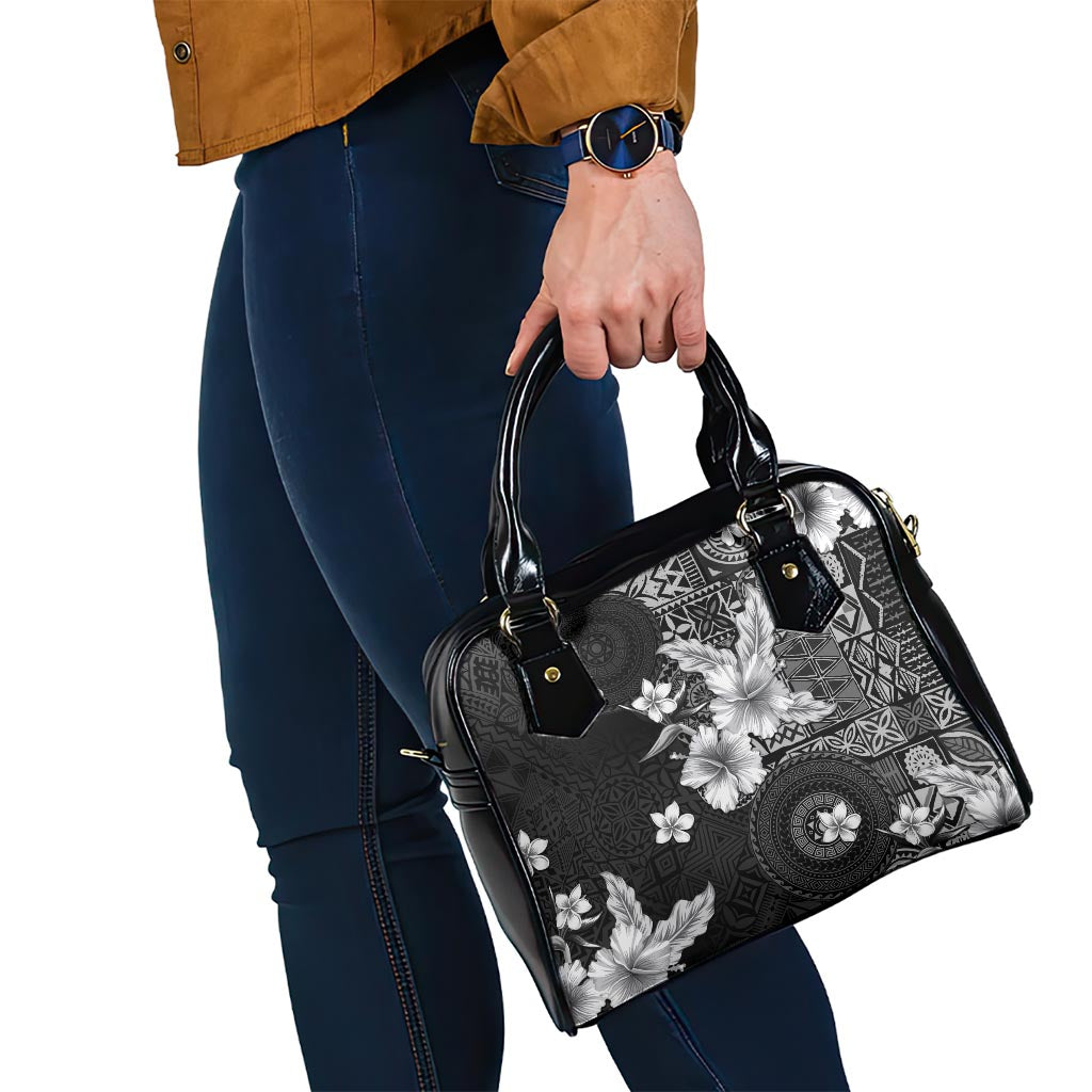 Hawaii Tapa Pattern With Black Hibiscus Shoulder Handbag LT05 - Polynesian Pride