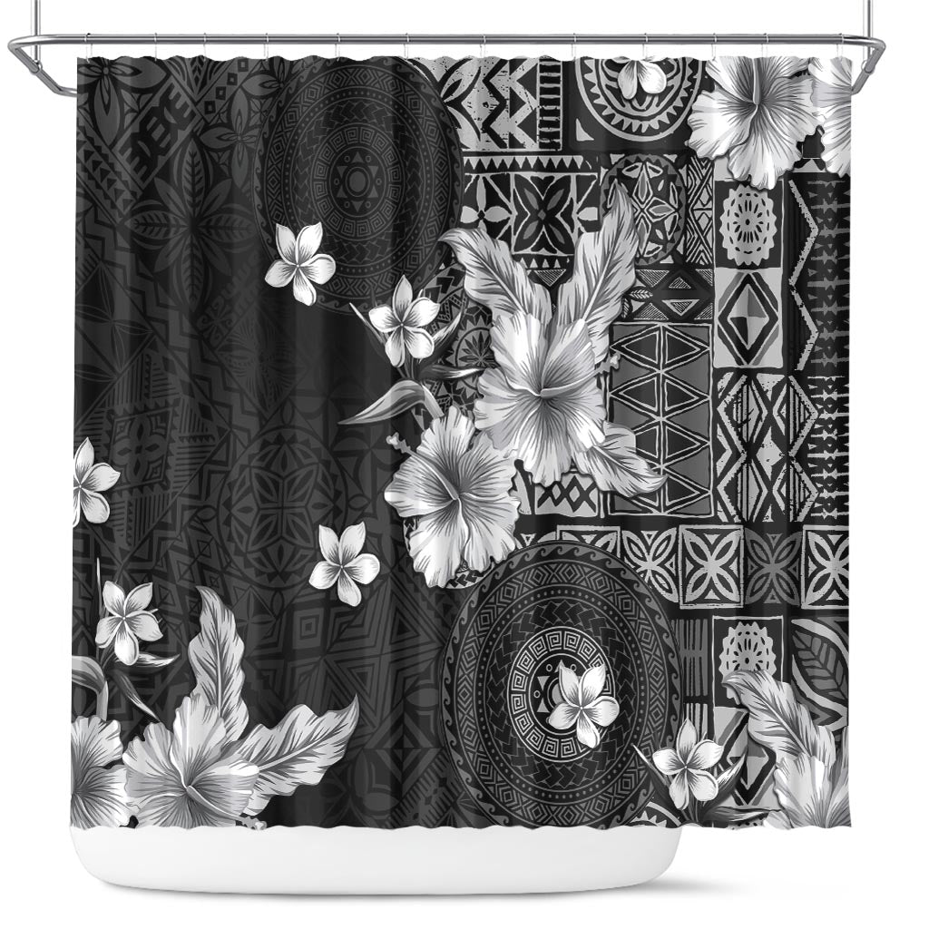 Hawaii Tapa Pattern With Black Hibiscus Shower Curtain LT05 Black - Polynesian Pride