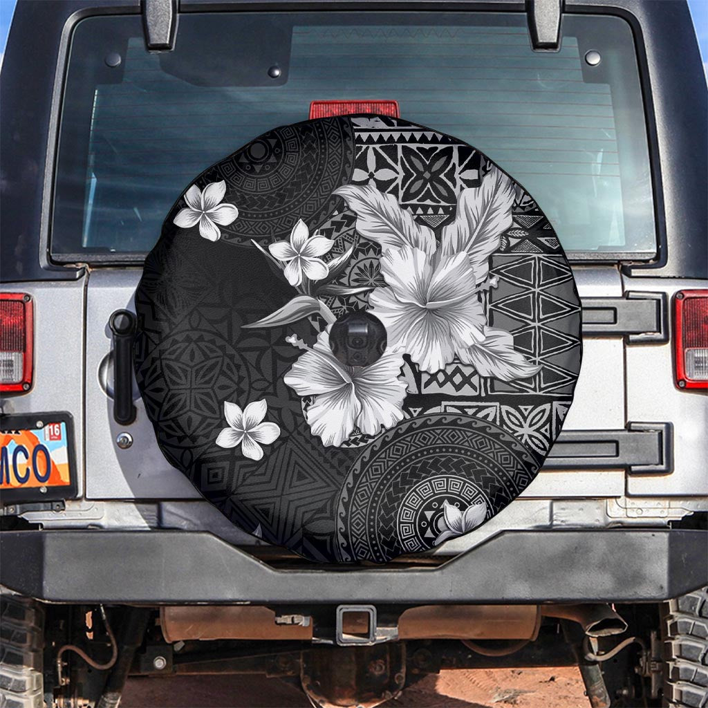 Hawaii Tapa Pattern With Black Hibiscus Spare Tire Cover