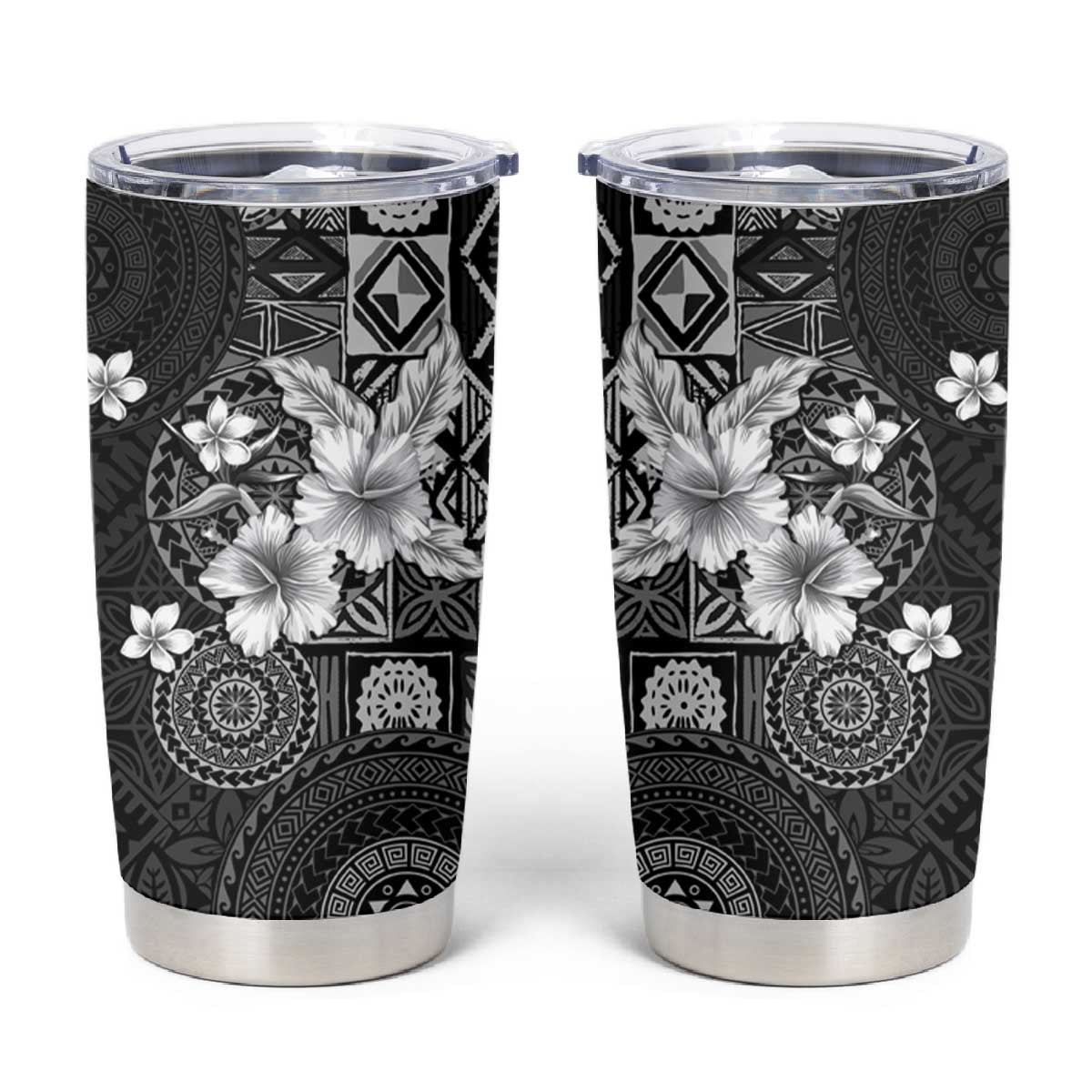 Hawaii Tapa Pattern With Black Hibiscus Tumbler Cup LT05 Black - Polynesian Pride