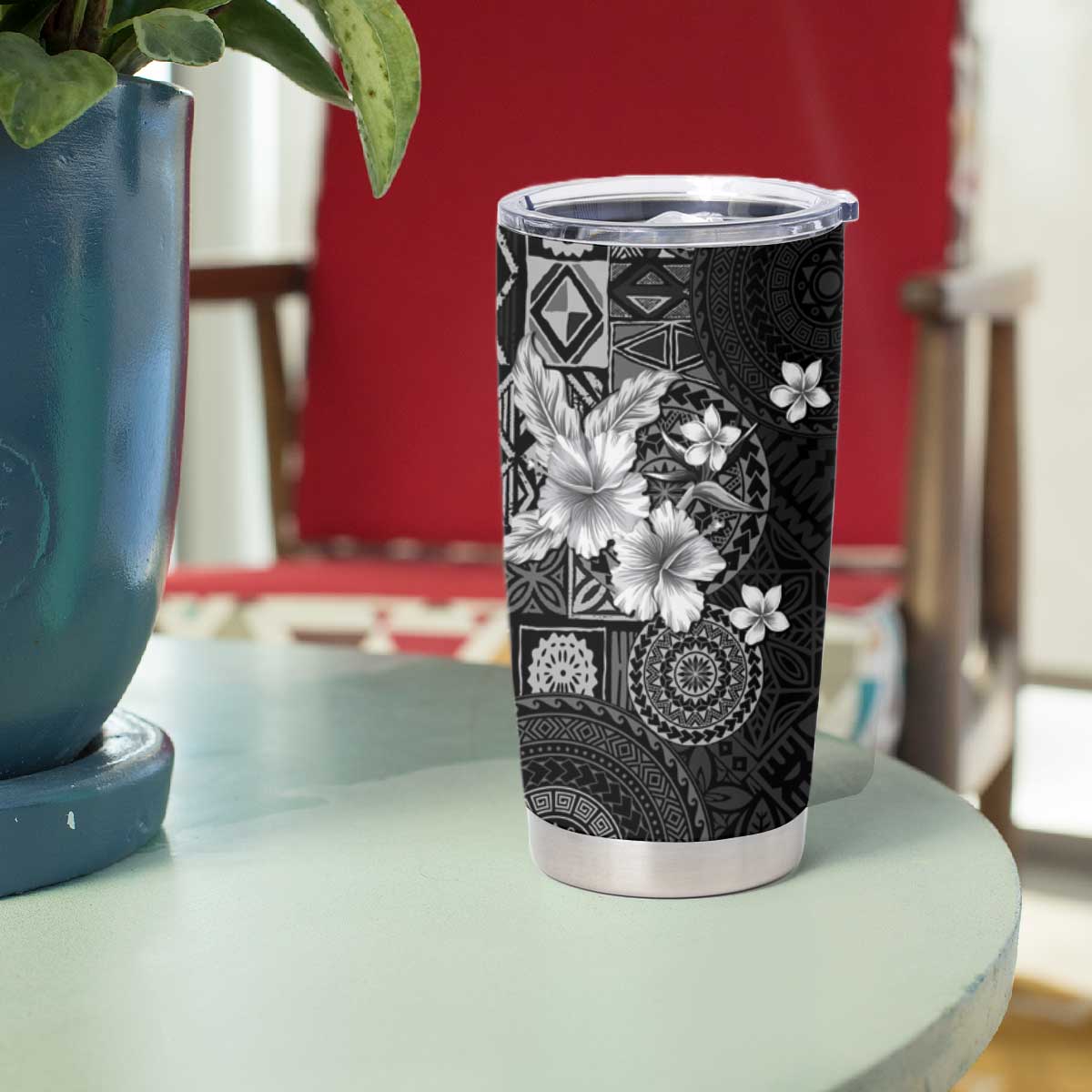 Hawaii Tapa Pattern With Black Hibiscus Tumbler Cup LT05 - Polynesian Pride