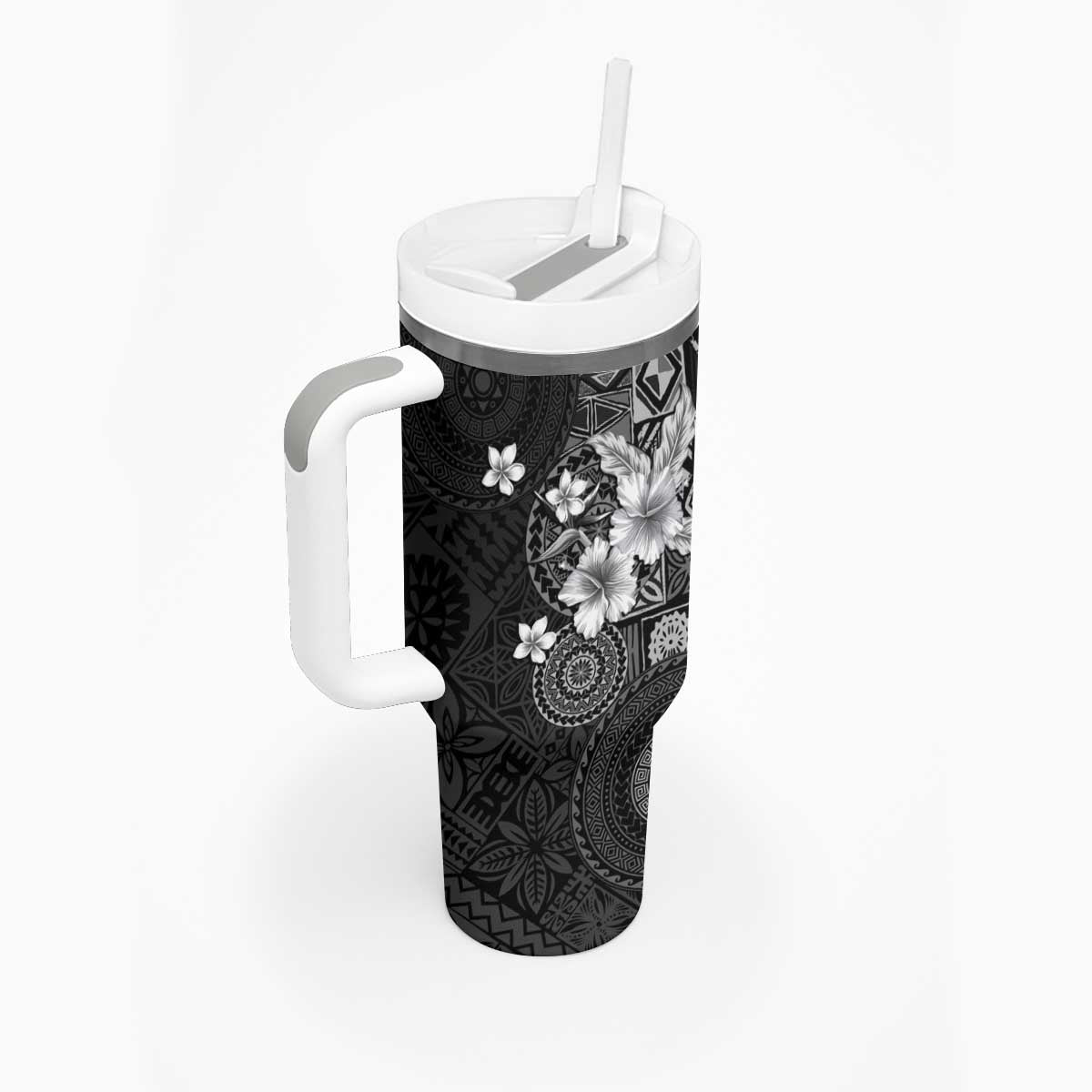 Hawaii Tapa Pattern With Black Hibiscus Tumbler With Handle LT05 - Polynesian Pride