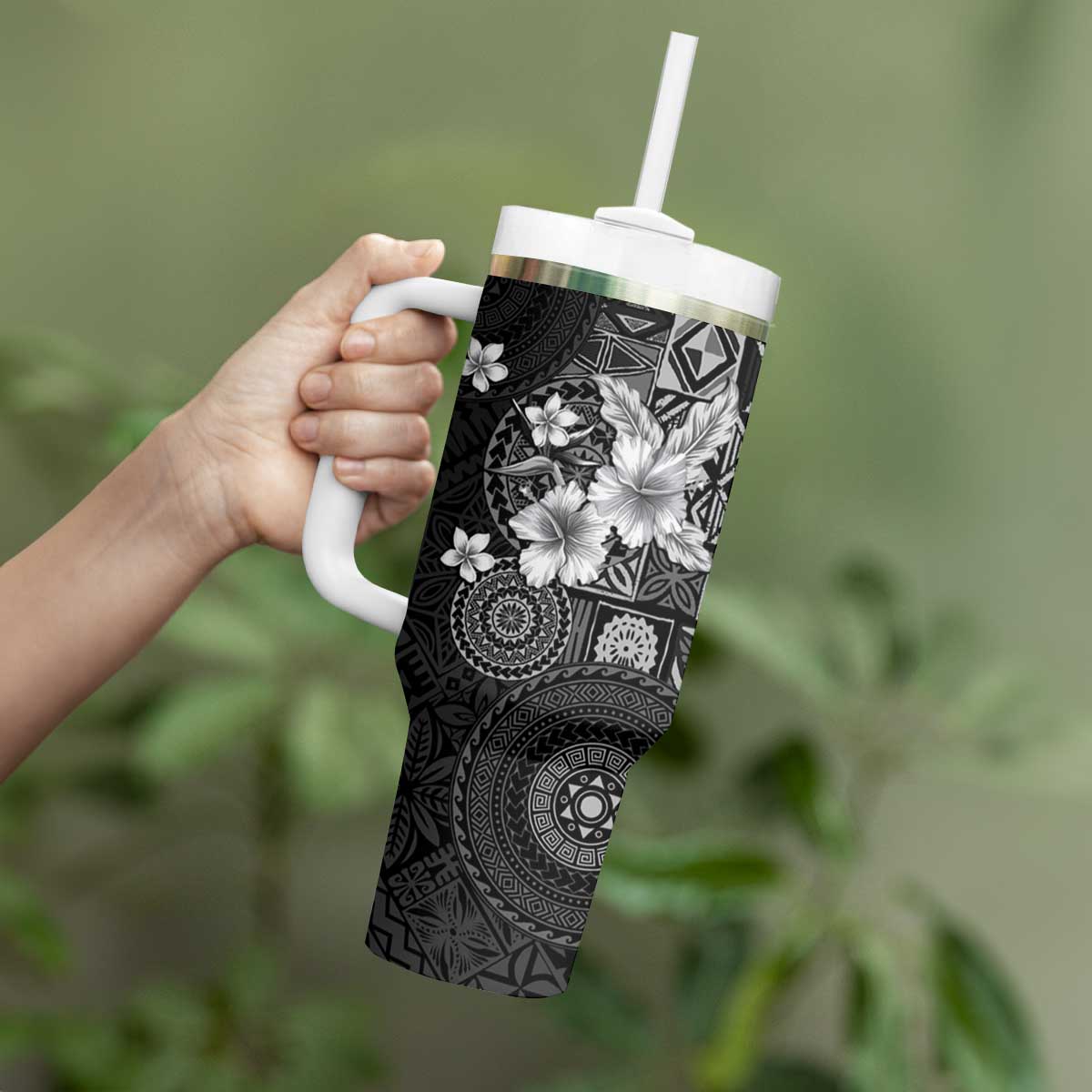 Hawaii Tapa Pattern With Black Hibiscus Tumbler With Handle LT05 - Polynesian Pride