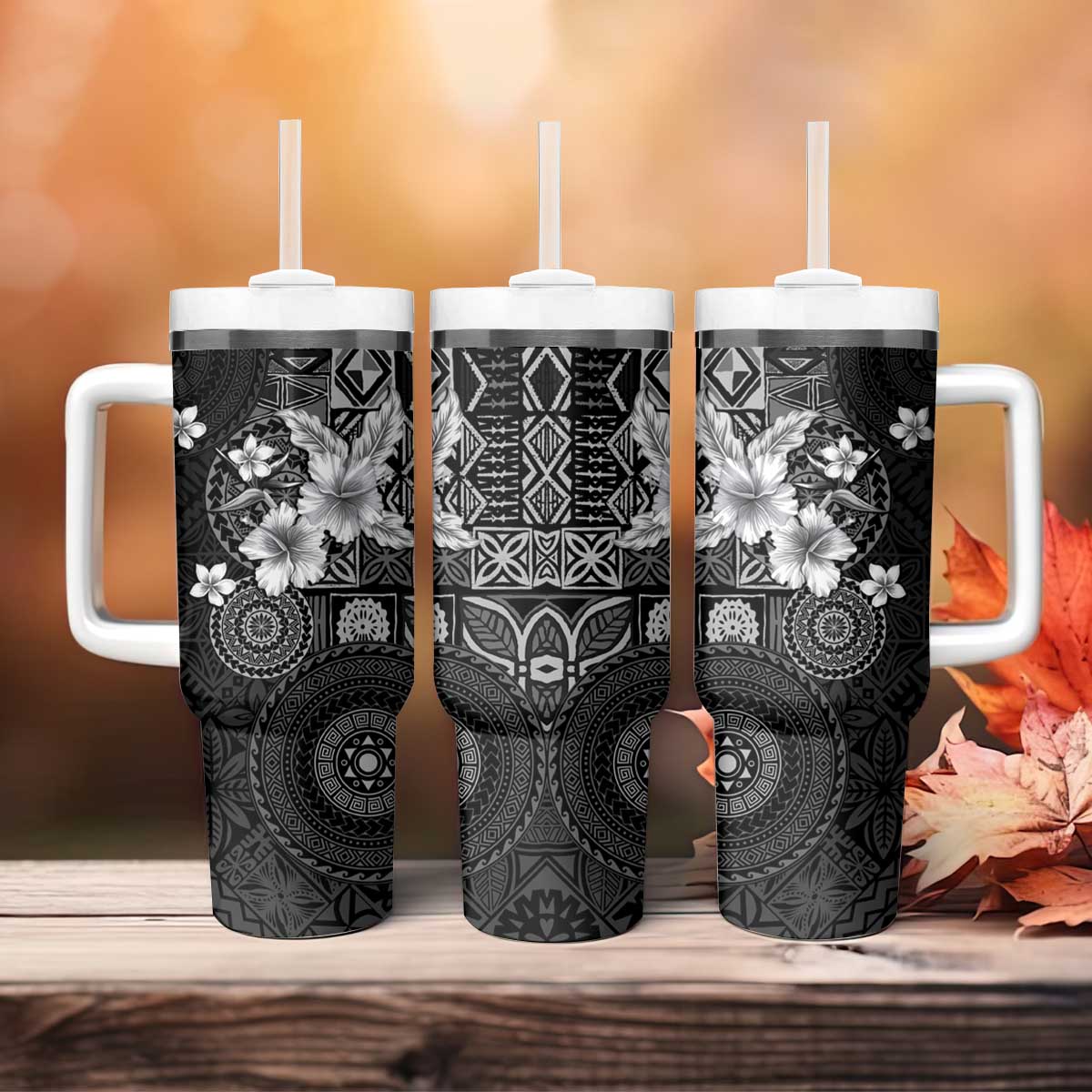 Hawaii Tapa Pattern With Black Hibiscus Tumbler With Handle LT05 - Polynesian Pride