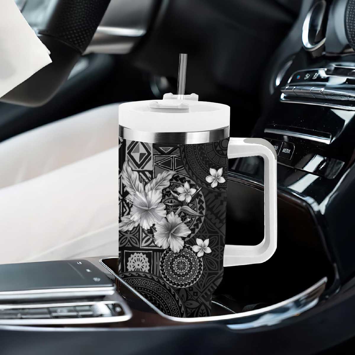 Hawaii Tapa Pattern With Black Hibiscus Tumbler With Handle LT05 - Polynesian Pride