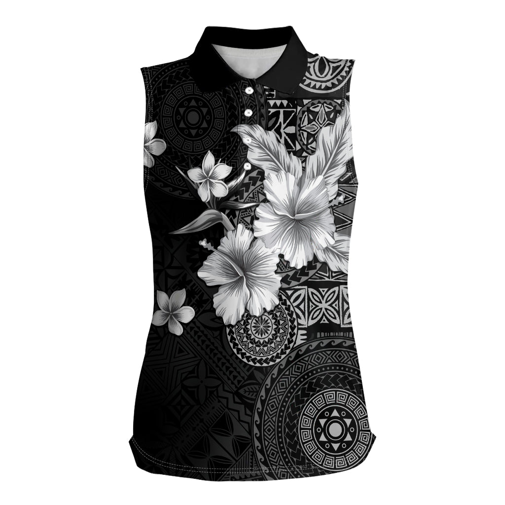 Hawaii Tapa Pattern With Black Hibiscus Women Sleeveless Polo Shirt