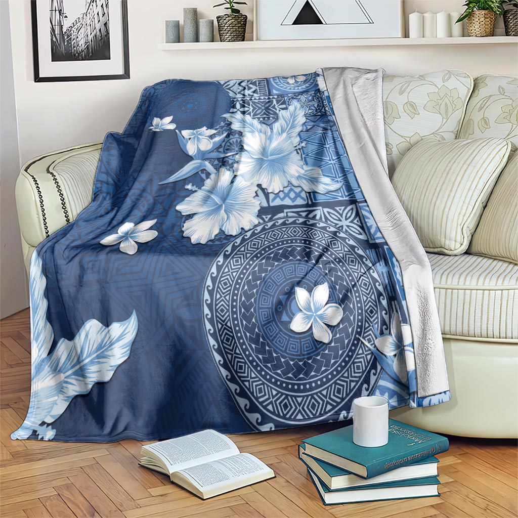 Hawaii Tapa Pattern With Navy Hibiscus Blanket LT05 Navy - Polynesian Pride
