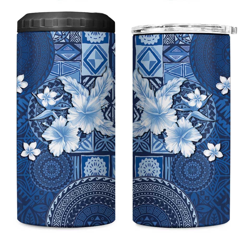 Hawaii Tapa Pattern With Navy Hibiscus 4 in 1 Can Cooler Tumbler LT05 One Size: 16 oz Navy - Polynesian Pride