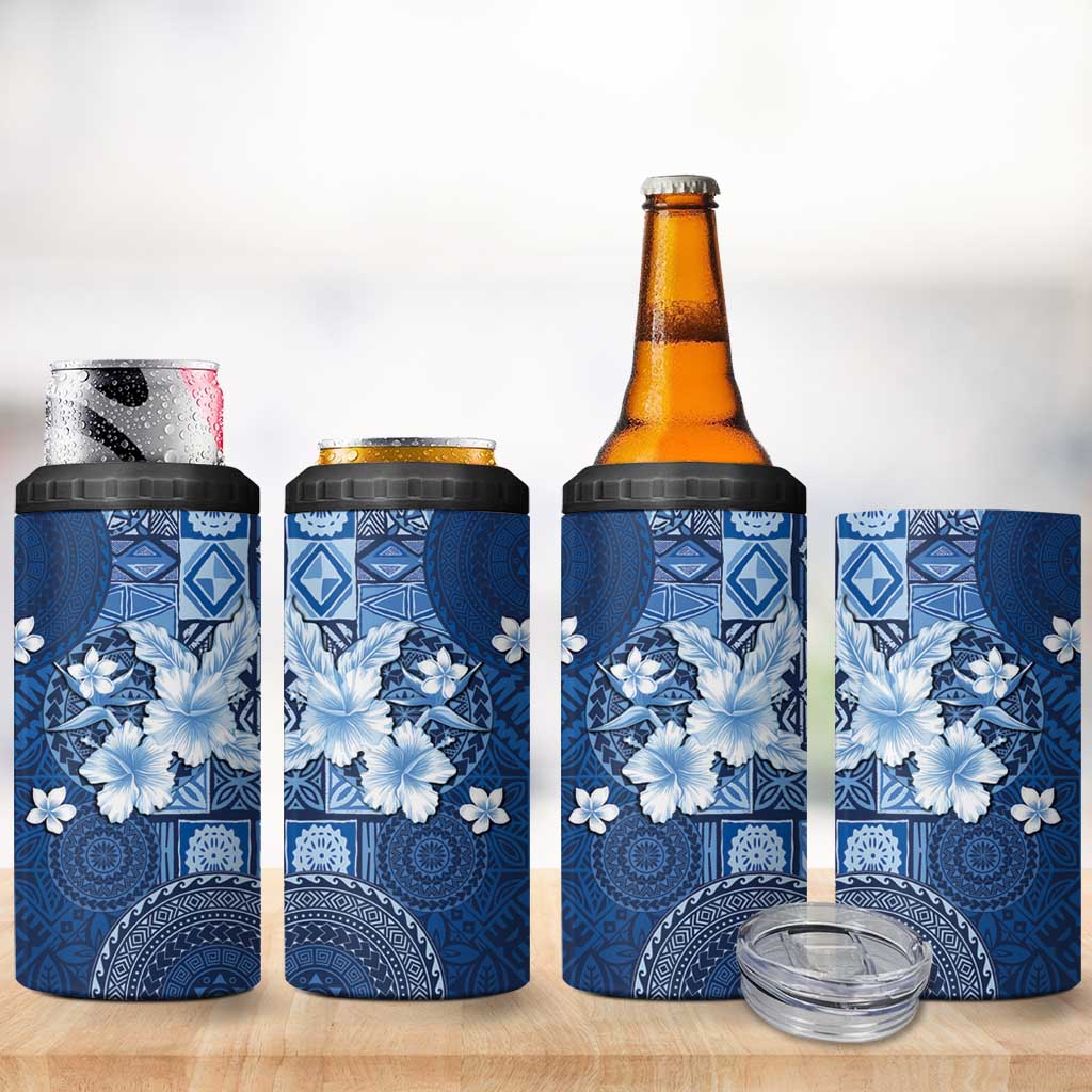 Hawaii Tapa Pattern With Navy Hibiscus 4 in 1 Can Cooler Tumbler LT05 - Polynesian Pride