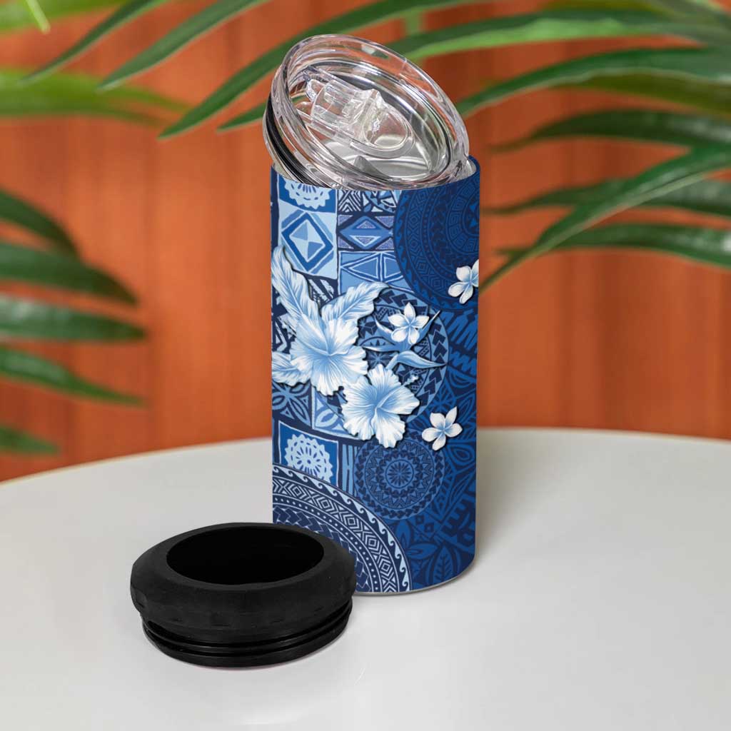 Hawaii Tapa Pattern With Navy Hibiscus 4 in 1 Can Cooler Tumbler LT05 - Polynesian Pride