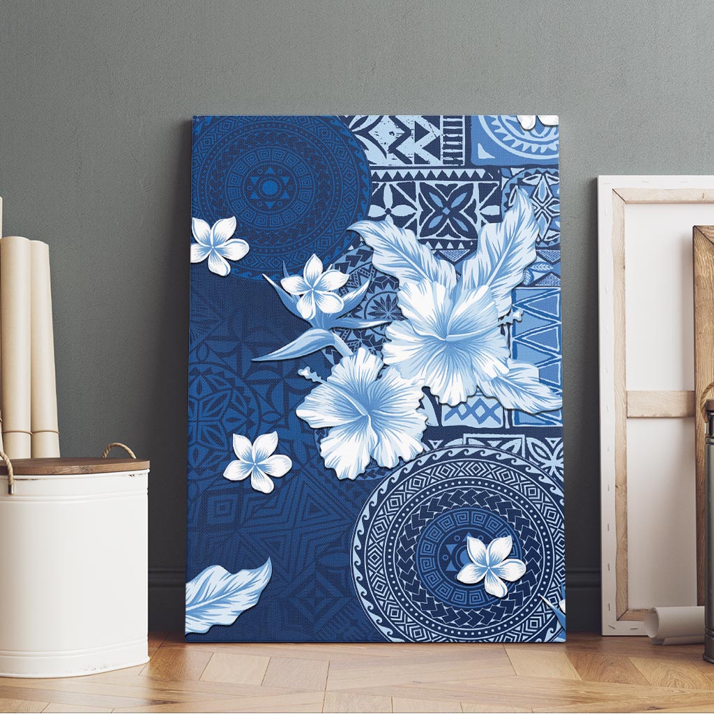 Hawaii Tapa Pattern With Navy Hibiscus Canvas Wall Art LT05 - Polynesian Pride