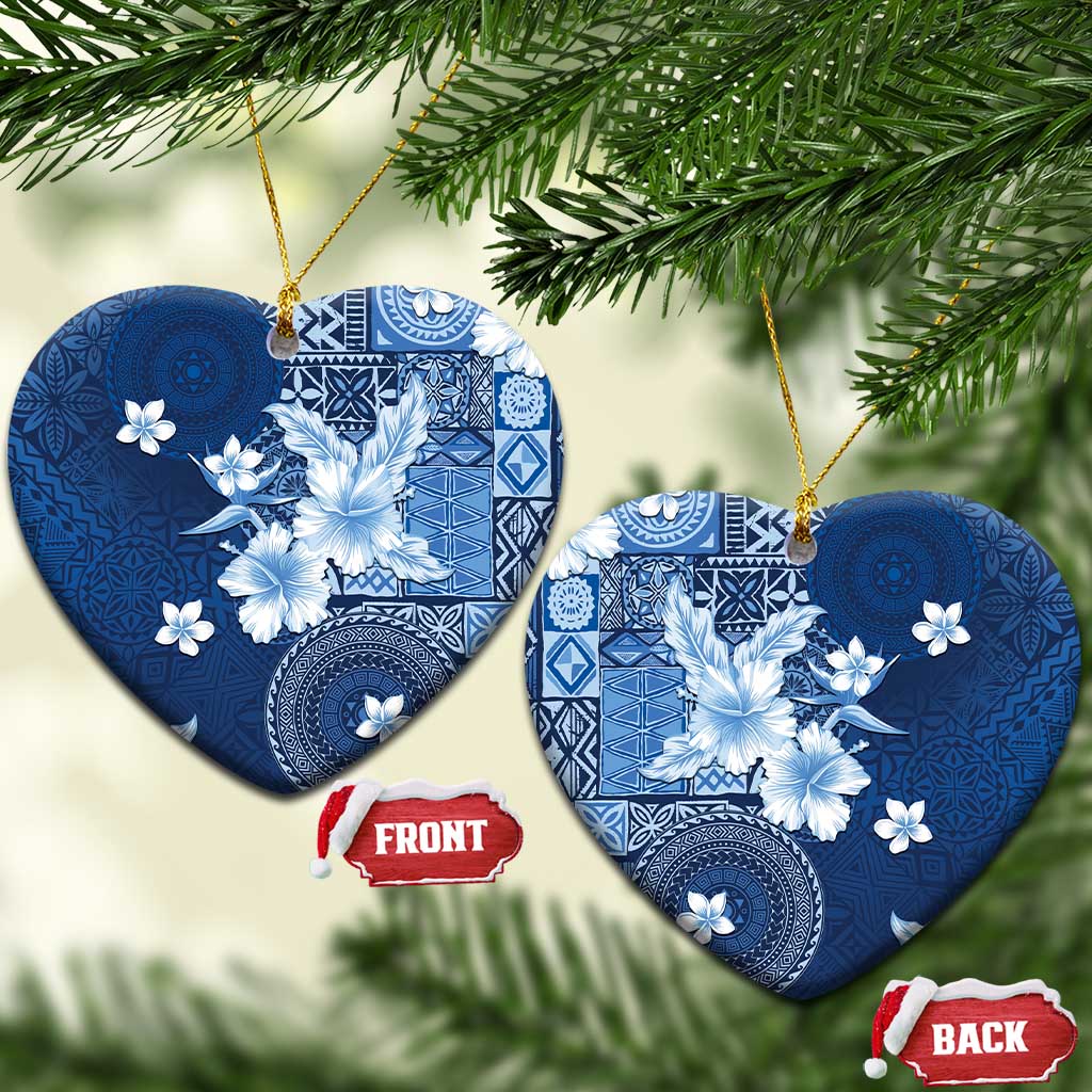 Hawaii Tapa Pattern With Navy Hibiscus Ceramic Ornament LT05 Heart Navy - Polynesian Pride