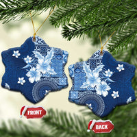 Hawaii Tapa Pattern With Navy Hibiscus Ceramic Ornament LT05 Snow Flake Navy - Polynesian Pride