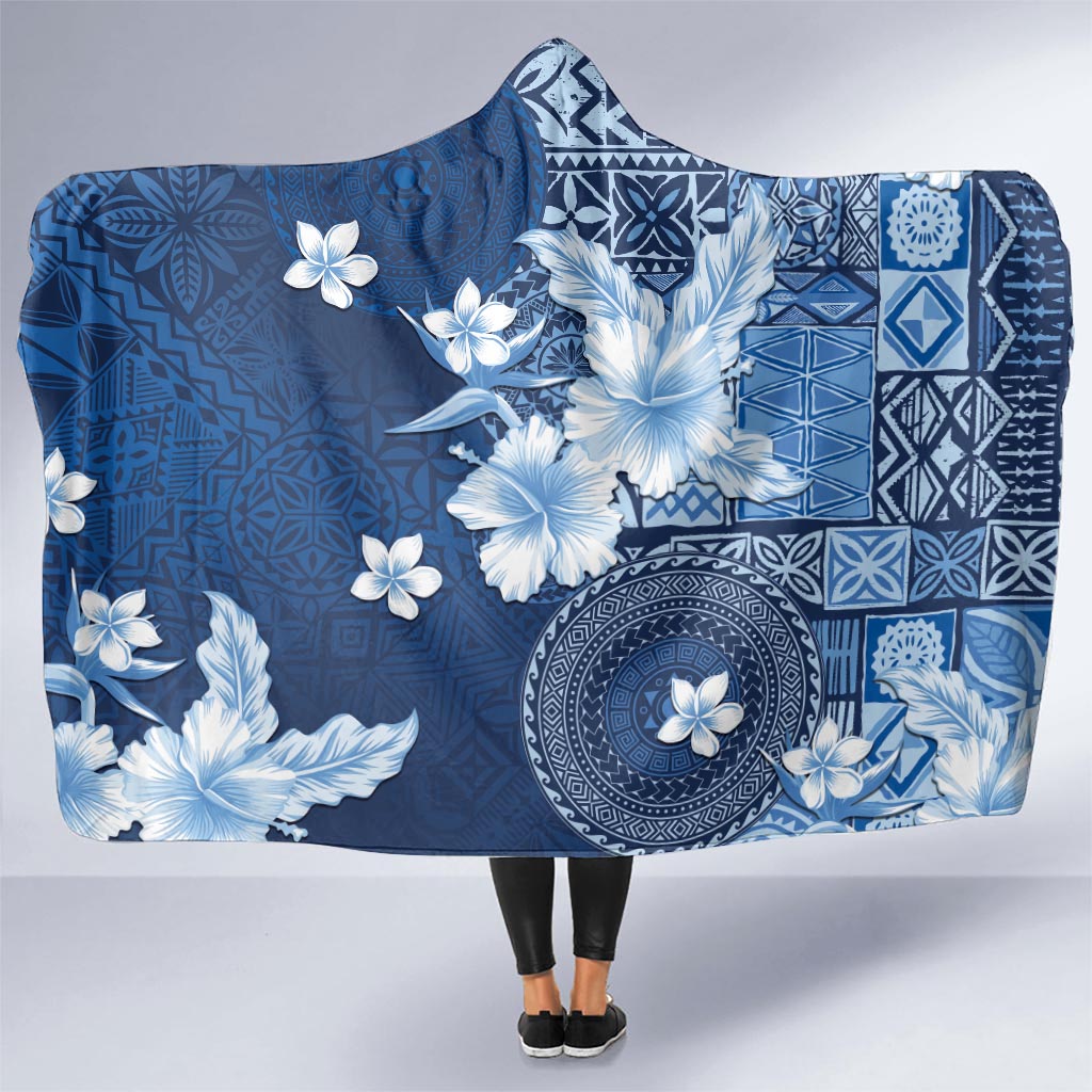 Hawaii Tapa Pattern With Navy Hibiscus Hooded Blanket LT05 - Polynesian Pride