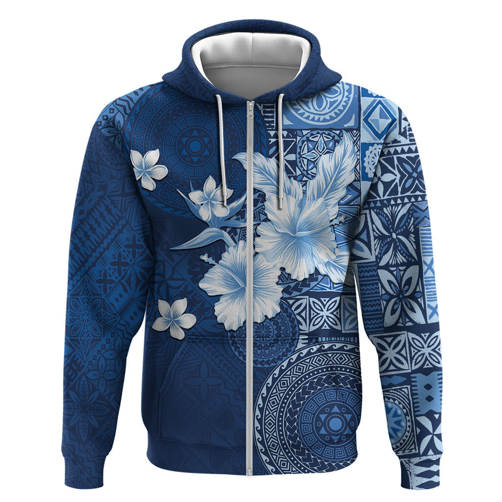 Hawaii Tapa Pattern With Navy Hibiscus Hoodie LT05 Zip Hoodie Navy - Polynesian Pride