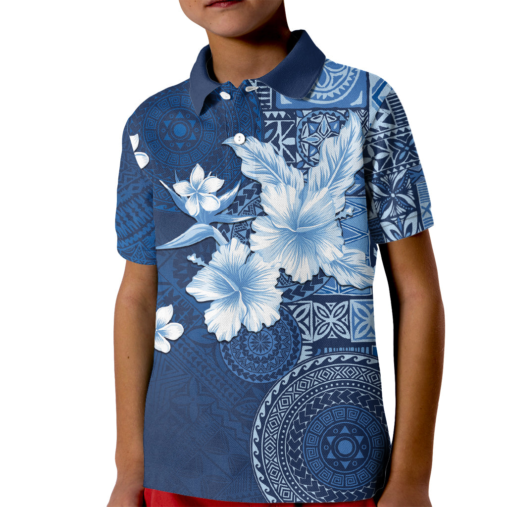 Hawaii Tapa Pattern With Navy Hibiscus Kid Polo Shirt LT05 Kid Navy - Polynesian Pride
