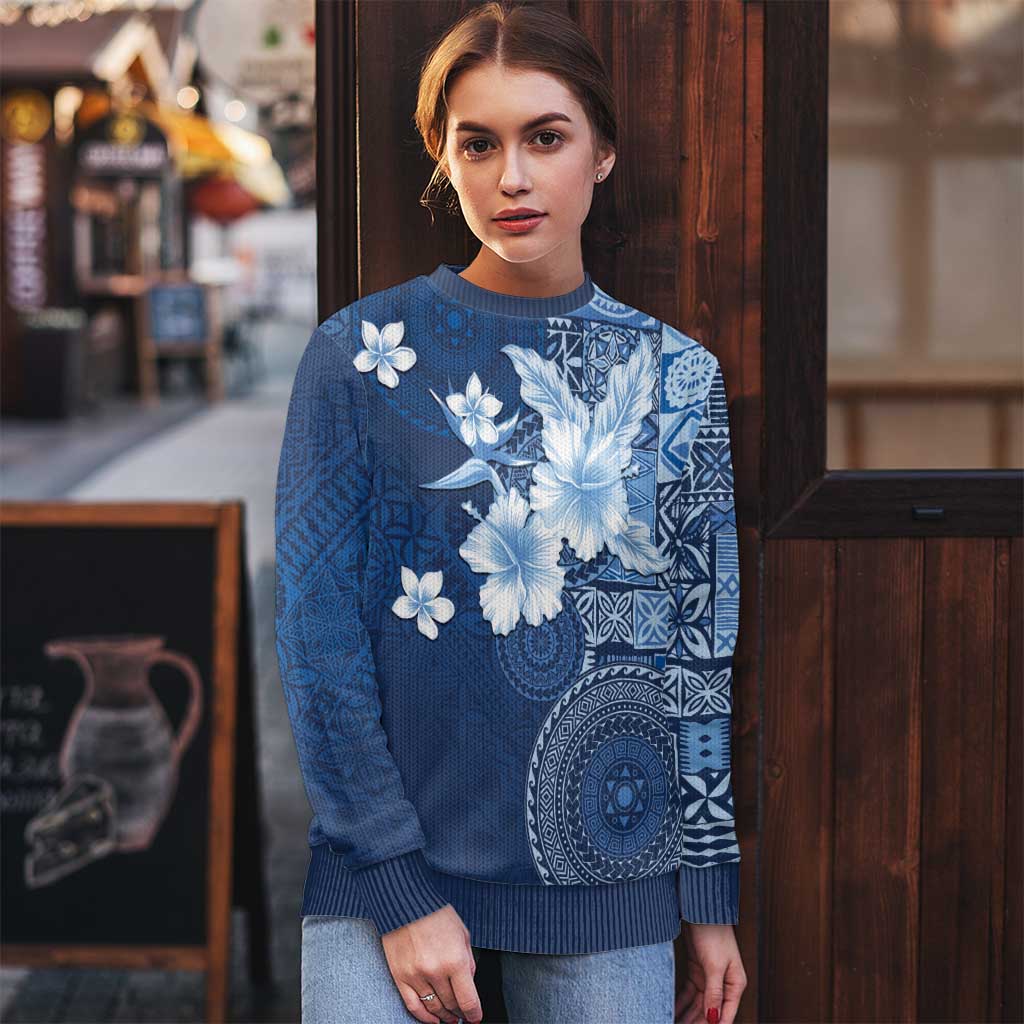 Hawaii Tapa Pattern With Navy Hibiscus Ugly Christmas Sweater LT05 - Polynesian Pride
