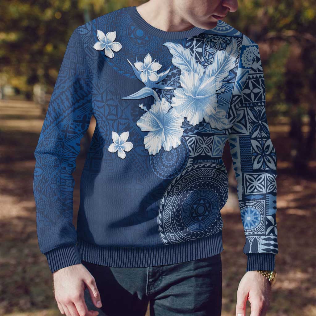 Hawaii Tapa Pattern With Navy Hibiscus Ugly Christmas Sweater LT05 - Polynesian Pride