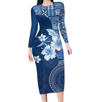Hawaii Tapa Pattern With Navy Hibiscus Long Sleeve Bodycon Dress LT05 Long Dress Navy - Polynesian Pride