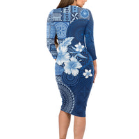 Hawaii Tapa Pattern With Navy Hibiscus Long Sleeve Bodycon Dress LT05 - Polynesian Pride