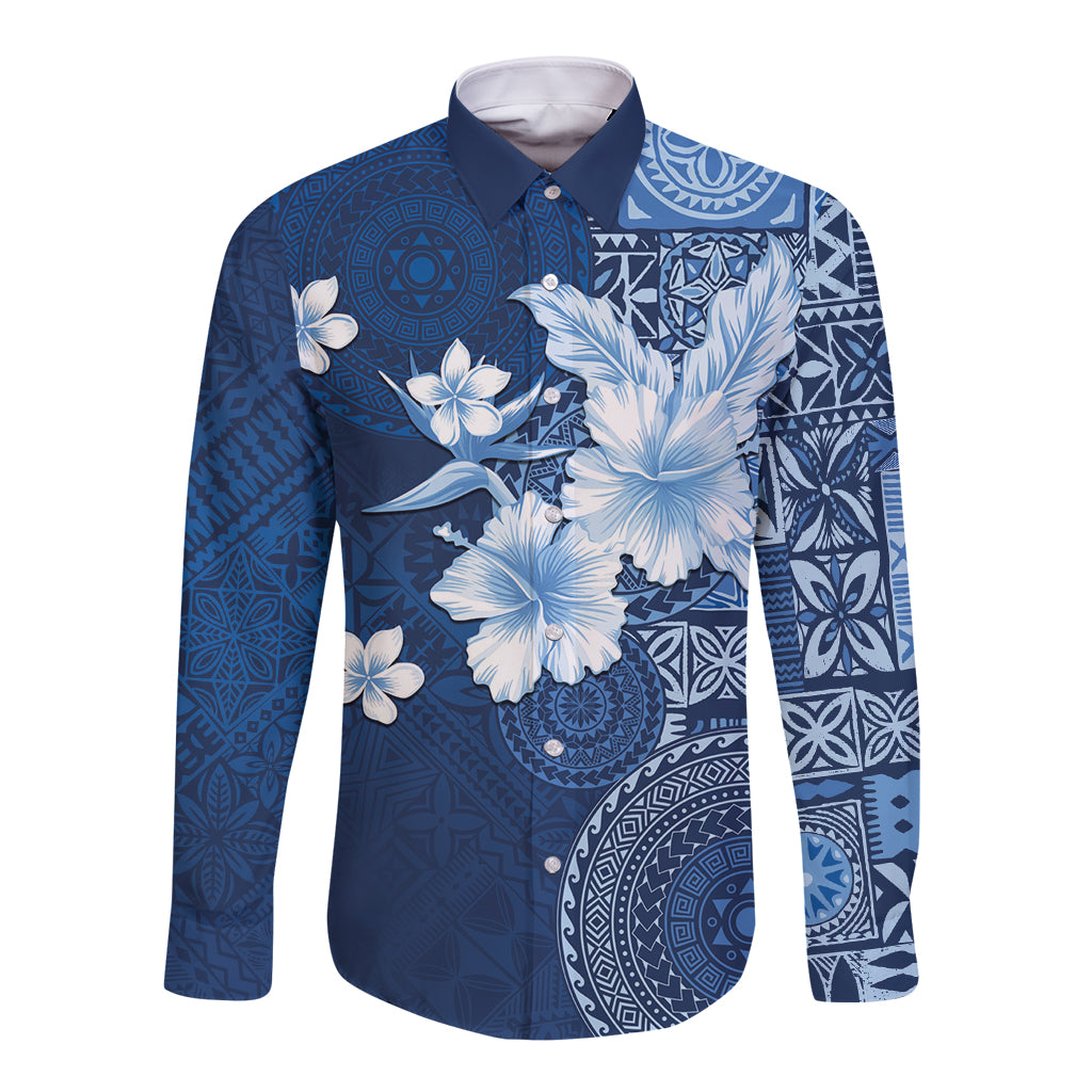 Hawaii Tapa Pattern With Navy Hibiscus Long Sleeve Button Shirt LT05 Unisex Navy - Polynesian Pride