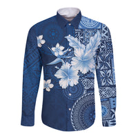 Hawaii Tapa Pattern With Navy Hibiscus Long Sleeve Button Shirt LT05 Unisex Navy - Polynesian Pride