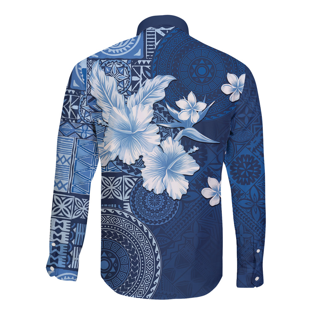 Hawaii Tapa Pattern With Navy Hibiscus Long Sleeve Button Shirt LT05 - Polynesian Pride