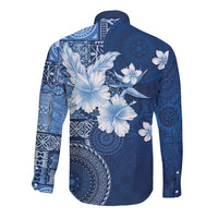 Hawaii Tapa Pattern With Navy Hibiscus Long Sleeve Button Shirt LT05 - Polynesian Pride