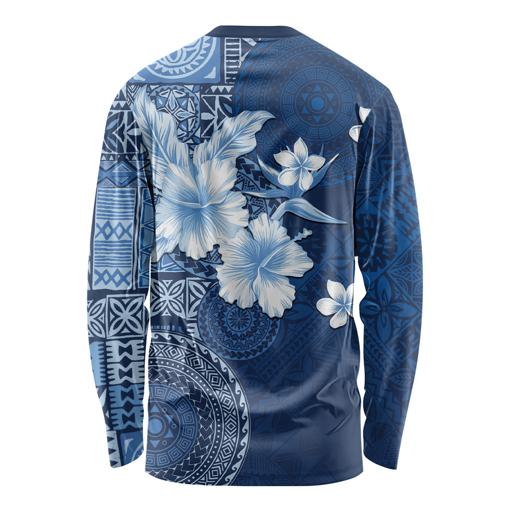 Hawaii Tapa Pattern With Navy Hibiscus Long Sleeve Shirt LT05 - Polynesian Pride