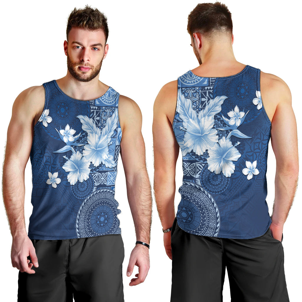 Hawaii Tapa Pattern With Navy Hibiscus Men Tank Top LT05 - Polynesian Pride