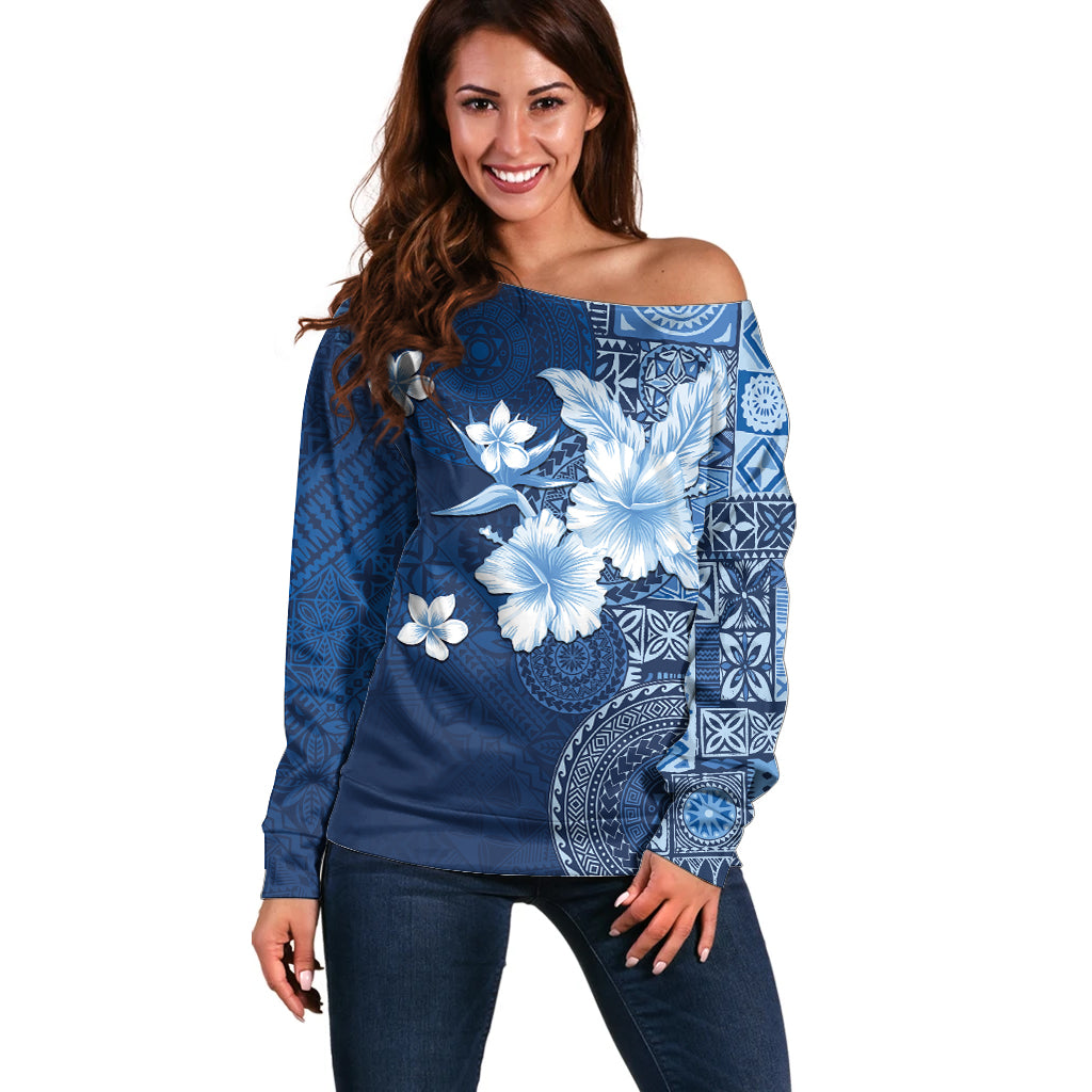 Hawaii Tapa Pattern With Navy Hibiscus Off Shoulder Sweater LT05 Women Navy - Polynesian Pride