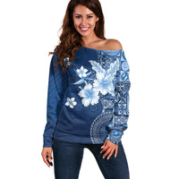 Hawaii Tapa Pattern With Navy Hibiscus Off Shoulder Sweater LT05 Women Navy - Polynesian Pride