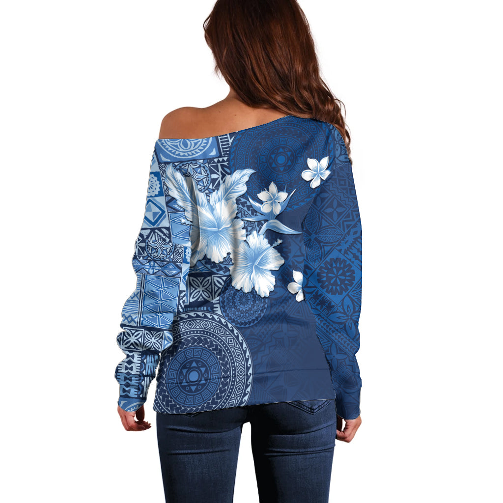 Hawaii Tapa Pattern With Navy Hibiscus Off Shoulder Sweater LT05 - Polynesian Pride