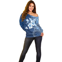 Hawaii Tapa Pattern With Navy Hibiscus Off Shoulder Sweater LT05 - Polynesian Pride