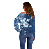 Hawaii Tapa Pattern With Navy Hibiscus Off Shoulder Sweater LT05 - Polynesian Pride