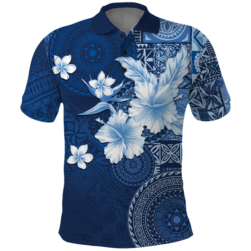 Hawaii Tapa Pattern With Navy Hibiscus Polo Shirt LT05 Navy - Polynesian Pride