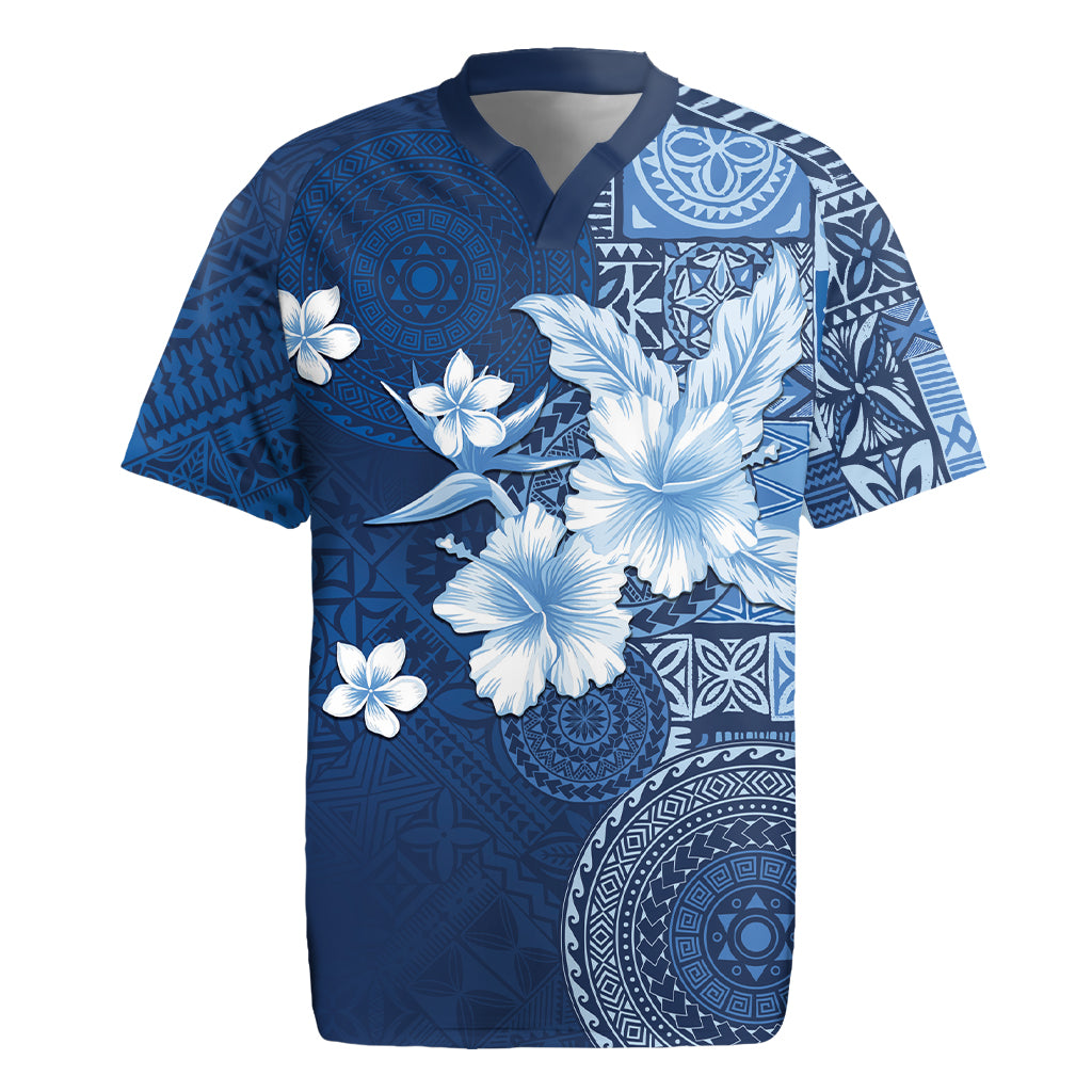 Hawaii Tapa Pattern With Navy Hibiscus Rugby Jersey LT05 Navy - Polynesian Pride
