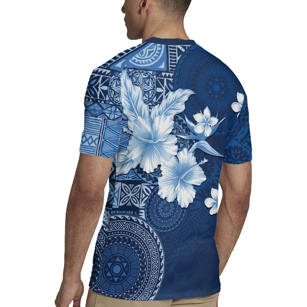 Hawaii Tapa Pattern With Navy Hibiscus Rugby Jersey LT05 - Polynesian Pride