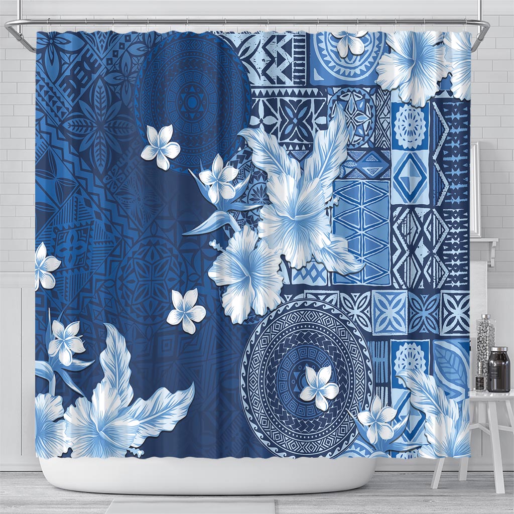 Hawaii Tapa Pattern With Navy Hibiscus Shower Curtain LT05 - Polynesian Pride