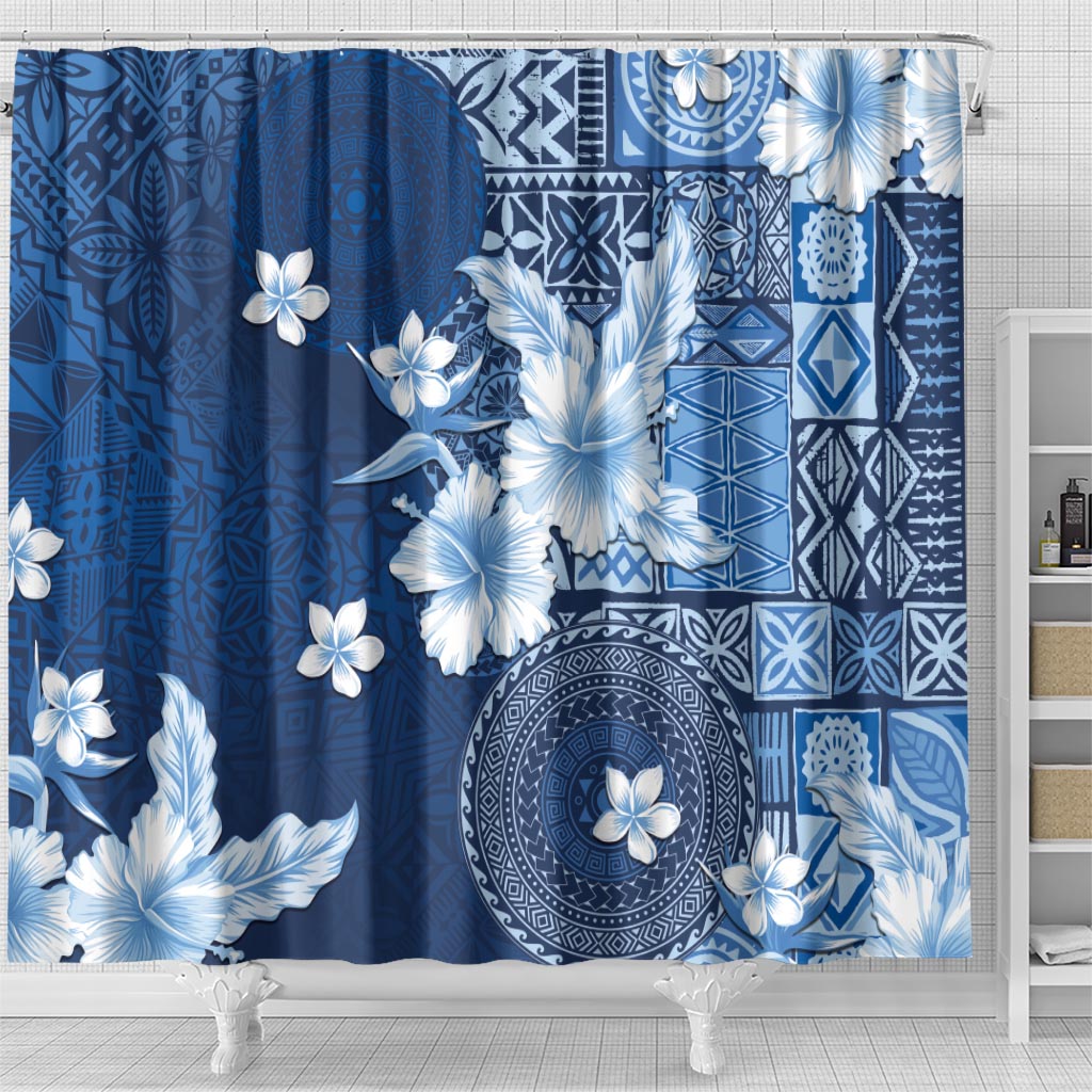 Hawaii Tapa Pattern With Navy Hibiscus Shower Curtain LT05 - Polynesian Pride