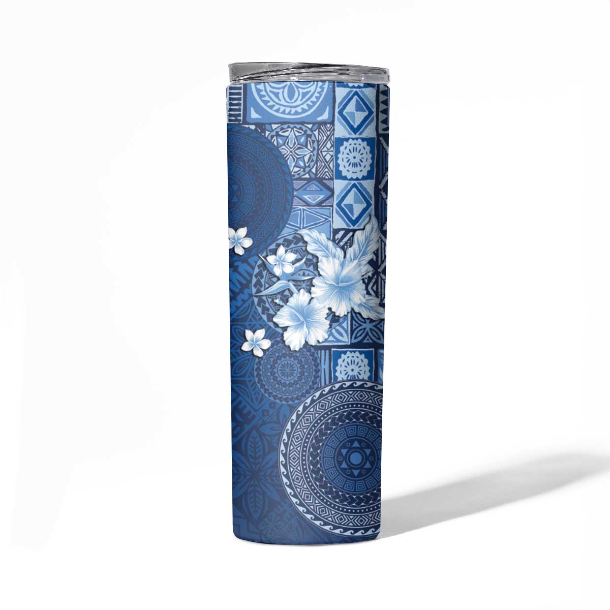 Hawaii Tapa Pattern With Navy Hibiscus Skinny Tumbler LT05 - Polynesian Pride