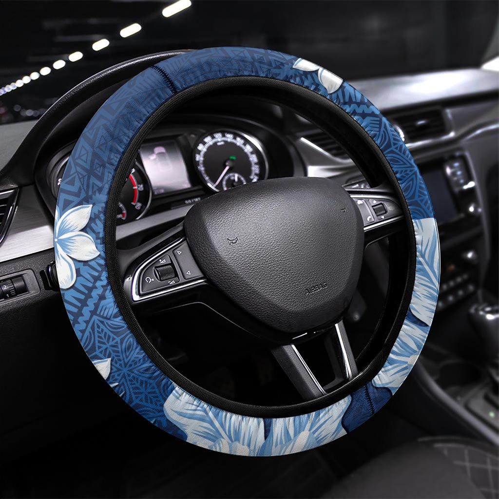 Hawaii Tapa Pattern With Navy Hibiscus Steering Wheel Cover