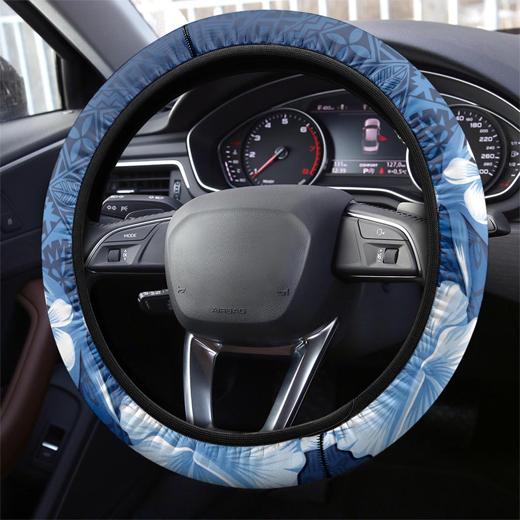 Hawaii Tapa Pattern With Navy Hibiscus Steering Wheel Cover LT05 - Polynesian Pride