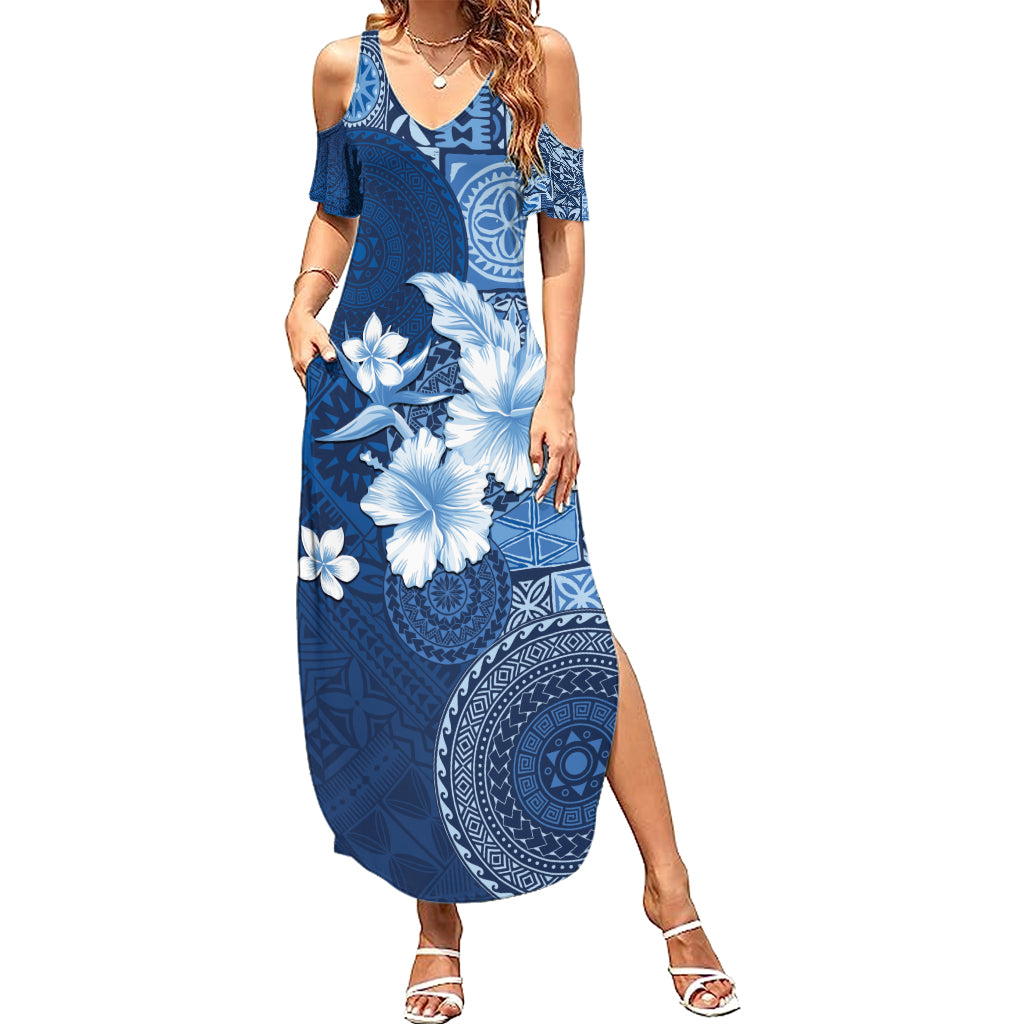 Hawaii Tapa Pattern With Navy Hibiscus Summer Maxi Dress LT05 Women Navy - Polynesian Pride